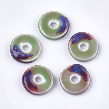 Handmade Porcelain Beads, Fancy Antique Glazed Porcelain, Flat Round/Disc, Dark Sea Green, 21~22x6mm, Hole: 5mm
