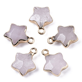 Natural Quartz Crystal Pendants, Rock Crystal Pendants, with Light Gold Plated Edge and Brass Loop, Star, Faceted, 16~17x13x6.5mm, Hole: 1.6mm