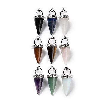 Natural & Synthetic Mixed Gemstone Pendants, Cone Charms with Rack Plating Brass Findings, Lead Free & Cadmium Free, Platinum, Mixed Dyed and Undyed, 46~47x18mm, Hole: 7x5mm