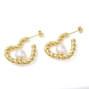 Rack Plating Brass Heart Stud Earrings, Half Hoop Earrings with Plastic Imitation Pearl Beads, Cadmium Free & Lead Free, Long-Lasting Plated, Real 18K Gold Plated, 20.5x7.5mm