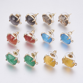 Faceted Glass Stud Earring Findings, with Loop, Light Gold Plated Brass Findings, Oval, Mixed Color, 14x10x5mm, Hole: 1mm, Pin: 0.8mm