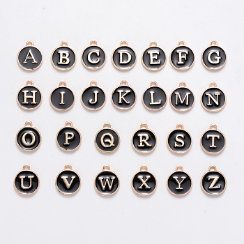 Initial Letter A~Z Alphabet Enamel Charms, Flat Round Disc Double Sided Charms, Black, 14x12x2mm, Hole: 1.5mm, 26pcs/set