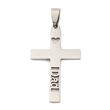 Non-Tarnish Father's Day 201 Stainless Steel Pendants, Cross with Word Dad Charms, Stainless Steel Color, 41.5x25x1.5mm, Hole: 9x4.5mm