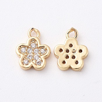 Brass Cubic Zirconia Charms, Flower, Clear, Real 18K Gold Plated, 9x7x1.5mm, Hole: 1mm