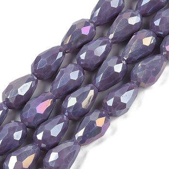 Opaque Solid Color Electroplate Glass Beads Strands, AB Color Plated, Faceted, Teardrop, Slate Blue, 6x4mm, Hole: 0.9mm, about 65~67pcs/strand, 15.35~16.14 inch(39~41cm)