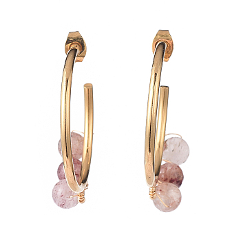 Stud Earrings, Half Hoop Earrings, with Natural Strawberry Quartz Beads, Golden Plated 304 Stainless Steel Stud Earring Findings and Copper Wire, 39x32.5mm, Pin: 0.8mm