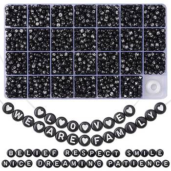 DIY Letter Stretch Bracelet Making Kit, Including Flat Round Acrylic Beads, Elastic Thread, Black, Beads: 7x4mm, Hole: 1.5mm, 1485~1620pcs/box