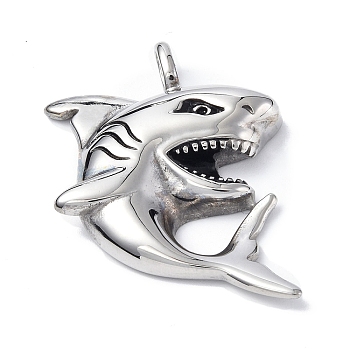 304 Stainless Steel Pendants, Shark Charm, Antique Silver, 46x31x7.5mm, Hole: 4x6mm