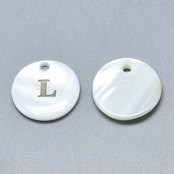 Natural White Shell Mother of Pearl Shell Charms, with Iron Sticker, Flat Round with Letter, Letter.L, 13x2mm, Hole: 1.5mm