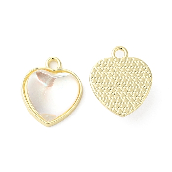 Alloy Pendants, Resin Heart Charms, Golden, Clear, 16.5x14x6.5mm, Hole: 2mm