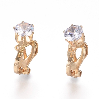 Brass Clip-on Earring Findings, with Clear Cubic Zirconia and Loop, Golden, 17x6x9mm, Hole: 1.2mm