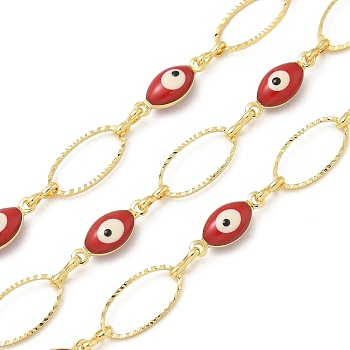 Rack Plating Brass Enamel Link Chains, Long-Lasting Plated, Unwelded, Real 18K Gold Plated, Oval with Evil Eye, Red, 13~13.5x5~7x0.8~4mm