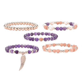5Pcs 5 Style Natural Amethyst & Sunstone Round Beaded Stretch Bracelets Set, Wing Alloy Charms Stackable Bracelets for Women, Mixed Color, Inner Diameter: 2-1/8~2-1/4 inch(5.3~5.6cm), 1Pc/style