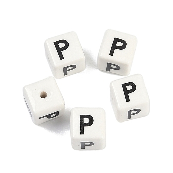 Porcelain Beads, Square with Letter, Letter P, 8.5x8.5x8.5mm, Hole: 1.6mm