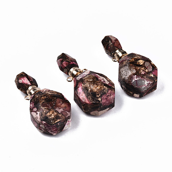 Assembled Synthetic Bronzite and Imperial Jasper Openable Perfume Bottle Pendants, with Light Gold Brass Findings, Dyed, Hot Pink, Capacity: 1ml(0.03 fl. oz), 39~40x19.5x13.5mm, Hole: 1.8mm