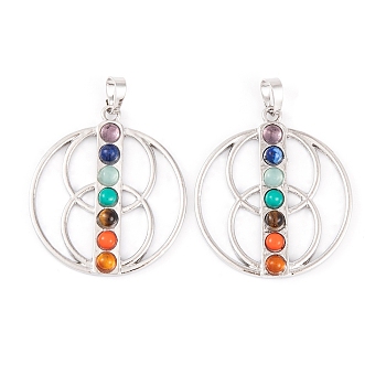 Chakra Natural Tiger Eye & Natural Lapis Lazuli & Natural Carnelian & Synthetic Turquoise & Glass Pendants, Rack Plating Alloy Flat Round Charms, Long-Lasting Plated, Lead Free & Cadmium Free, Platinum, 40x35.5x4mm, Hole: 6x5mm