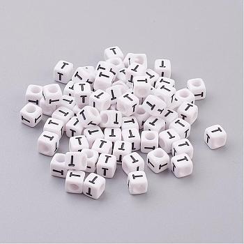 Acrylic Horizontal Hole Letter Beads, Cube, White, Letter T, Size: about 6mm wide, 6mm long, 6mm high, hole: about 3.2mm, about 2600pcs/500g