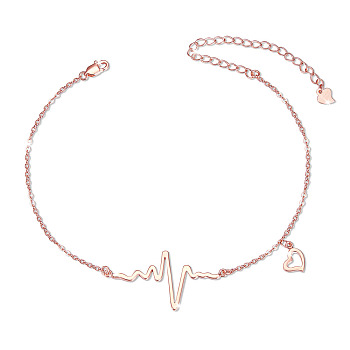 SHEGRACE 925 Sterling Silver Link Anklets, with Cable Chains, Heartbeat and Heart, Rose Gold, 8-1/4 inch(21cm)