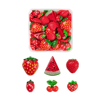 60Pcs Resin Cabochons, Strawberry, Cherry, Watermelon, Red, 15~27x12~23x2.5~10mm