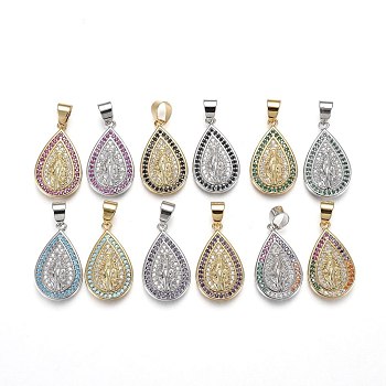 Mixed Color Plated Eco-Friendly Brass Micro Pave Cubic Zirconia Pendants, Long-Lasting Plated, Teardrop, Mixed Color, 23x14x3mm, Hole: 4x6mm