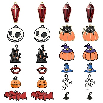 24Pcs 12 Style Halloween Theme Alloy Enamel Pendants, Mixed Shapes, Mixed Color, 11~25.5x10.5~27.5x1.5~3mm, Hole: 1~2mm, 2pcs/style