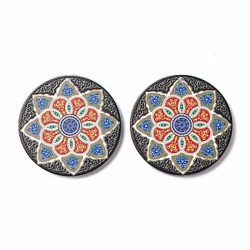 Printed Opaque Acrylic Pendants, Flat Round with Flower Pattern, Black, 37.5~38x2.5mm, Hole: 2mm