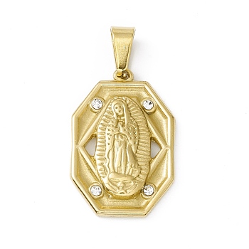 Vacuum Plating 304 Stainless Steel Pendants, with Crystal Rhinestone, Octagon with Virgin Mary, Golden, 25x16.5x3mm, Hole: 6.5x3mm