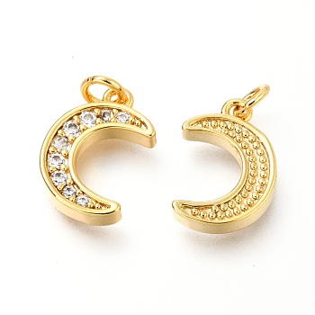 Brass Micro Pave Clear Cubic Zirconia Charms, with Jump Rings, Moon, Real 18K Gold Plated, 13x8.8x2.3mm, Hole: 2.5mm
