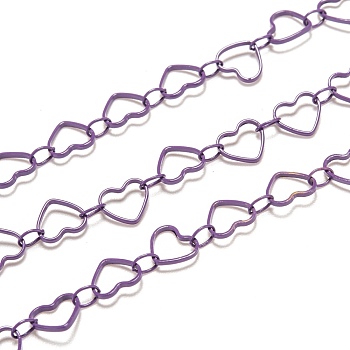 Spray Painted Brass Link Chains, Soldered, with Spool, Heart, Purple, link: 4x3x0.5mm, heart: 6.5x7.5x1mm, 32.8 Feet(10m)/roll
