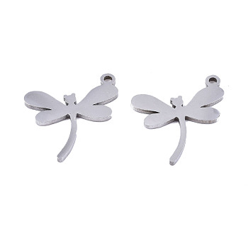 201 Stainless Steel Charms, Laser Cut, Dragonfly, Stainless Steel Color, 12.5x13.5x1mm, Hole: 1.4mm