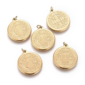 Ion Plating(IP) 304 Stainless Steel Pendants, with Jump Ring, Flat Round, Saint Benedict Medal, Golden, 19.5x17x2mm, Hole: 2.8mm