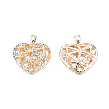Brass Pave Clear Cubic Zirconia Pendants, with Brass Snap on Bails, Cadmium Free & Nickel Free & Lead Free, Heart, Real 18K Gold Plated, 19x20.5x5mm, Hole: 2x4mm