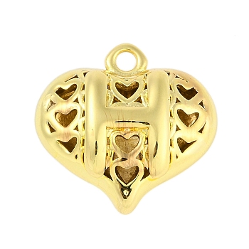 Hollow Brass Pendants for Valentine's Day, Heart with Letter, Real 18K Gold Plated, Letter H, 25x26x13mm, Hole: 2.5mm