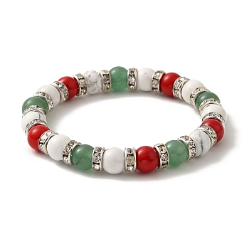 Christmas Theme Gemstone Round Beaded Stretch Bracelets for Women, Inner Diameter: 2-1/8 inch(5.5cm)