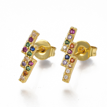 Brass Micro Pave Cubic Zirconia(Random Mixed Color) Flash Stud Earrings, Crawler Earrings/Climber Earrings, with Ear Nuts, Lightning Bolt, Golden, 12x4mm, Pin: 0.7mm