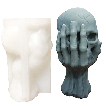DIY Silicone Candle Molds, for Scented Candle Making, Halloween Hand Holding Skull, White, 6x10cm