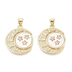 Brass Micro Pave Clear Cubic Zirconia Pendants, with Shell, Flat Round with Moon & Sun Charms, Golden, 23.5x20.5x2mm, Hole: 4x3mm(KK-Q071-01G)
