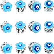 12Pcs 2 styles Brass Enamel European Beads, Large Hole Beads, Mixed Shapes with Evil Eye, Platinum, Light Sky Blue, 6pcs/style(KK-NB0001-43P)