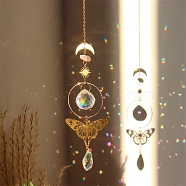 Natural Rose Quartz Brass Moon & Star Hanging Ornaments, Teardrop Glass Tassel Suncatchers for Home Outdoor Decoration, Butterfly, 380mm(PW-WG80899-04)