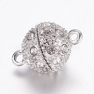 Alloy Rhinestone Magnetic Clasps with Loops, Round, Platinum, 19x12mm, Hole: 2mm(BSAHH050)