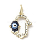 Brass Micro Pave Cubic Zirconia Pendants, with Enamel, with Jump Ring, Real 18K Gold Plated, Hamsa Hand/Hand of Miriam with Evil Eye, Prussian Blue, 16.5x13.5x2mm, Hole: 4mm(KK-E092-24G-03)