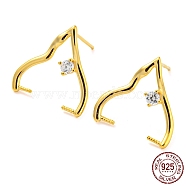 925 Sterling Silver with Clear Cubic Zirconia Stud Earring Findings, for Half Drilled Beads, with S925 Stamp, Real 18K Gold Plated, 15x15mm, Pin: 10x07mm and 0.6mm(STER-Q192-01G)