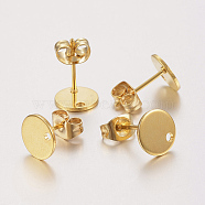 304 Stainless Steel Stud Earring Findings, with Loop and Flat Plate, Ear Nuts/Earring Backs, Flat Round, Golden, 8x0.8mm, Hole: 1.2mm, Pin: 0.8mm(X-STAS-F162-45G)
