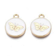 Alloy Enamel Pendants, Cadmium Free & Nickel Free & Lead Free, Light Gold, Flat Round with Butterfly, White, 18x15x2mm, Hole: 2mm(PALLOY-N170-002E-NR)