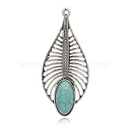 Antique Silver Plated Leaf Alloy Synthetic Turquoise Big Pendants, Dyed, Sky Blue, 61x27x6mm, Hole: 2mm(PALLOY-J654-01AS)