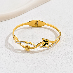 Stainless Steel Micro Pave Cubic Zirconia Hinged Bangles, with Shell Butterfly, for Women, Real 18K Gold Plated, Inner Diameter: 2-3/8 inch(6cm)(TR3553-1)