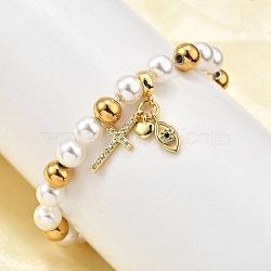 Brass Stretch Bracelets, with Brass Micro Pave Clear Cubic Zirconia Charms & Plastic Imitation Pearl Beads & Ion Plating(IP) 304 Stainless Steel Beads, Rack Plating, Gold, Cross, Inner Diameter: 2 inch(4.95cm) Pendant: 6.5~21.5x5.5~7.5x1.5~2mm(BJEW-C098-07A)