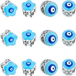 12Pcs 2 styles Brass Enamel European Beads, Large Hole Beads, Mixed Shapes with Evil Eye, Platinum, Light Sky Blue, 6pcs/style(KK-NB0001-43P)