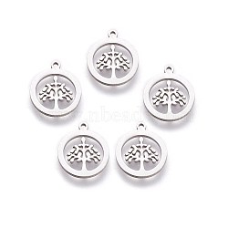 304 Stainless Steel Charms, Flat Round with Tree of Life, Stainless Steel Color, 14x12x1mm, Hole: 1mm(X-STAS-I098-03)