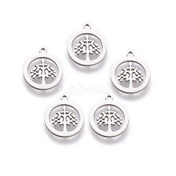 Non-Tarnish 304 Stainless Steel Charms, Flat Round with Tree of Life, Stainless Steel Color, 14x12x1mm, Hole: 1mm(X-STAS-I098-03)